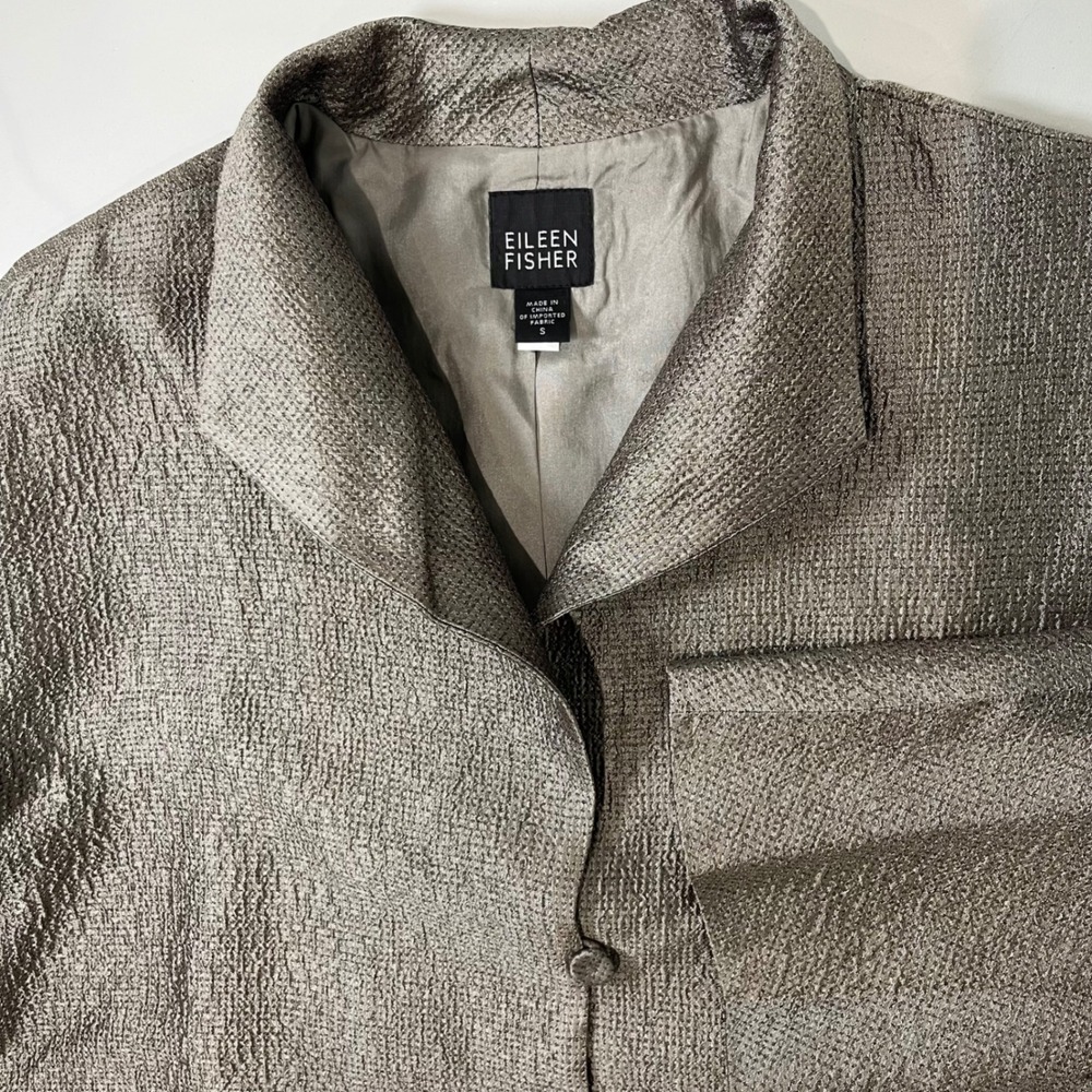Eileen Fisher Silk Blazer Jacket Womens Small Metallic Bronze Textured Office